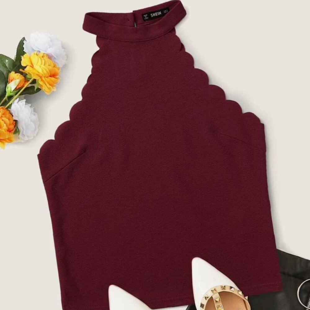 Scallop Trim Halter Top | Burgundy